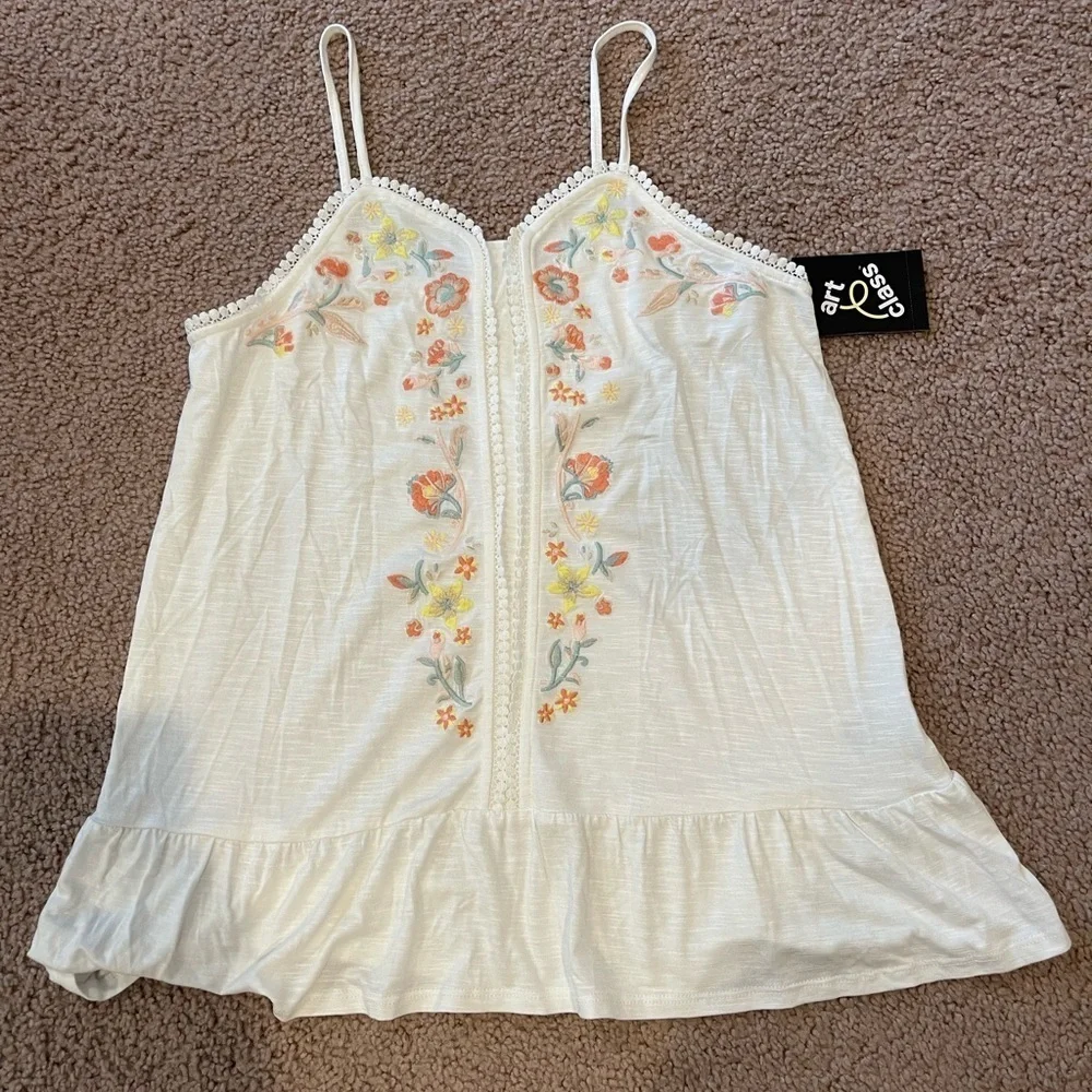 ART CLASS Girls Embroidered Floral Boho White Tank Top